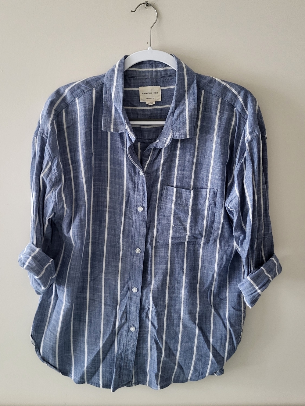 American Eagle Outfitters Women's Blue/White Vertical Stripe Button-Down Shirt